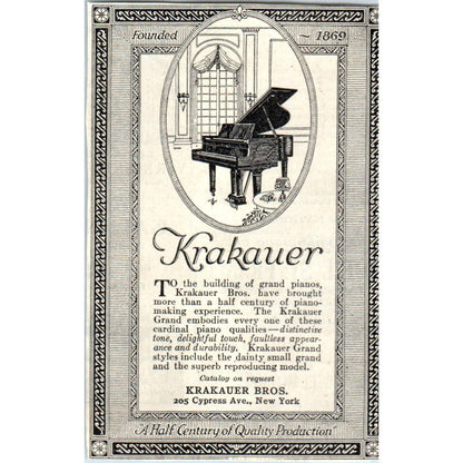 c1920 Harper's Magazine Ad - Krakauer Bros. Grand Pianos New York EA3-4