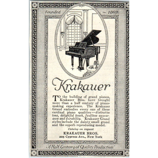 c1920 Harper's Magazine Ad - Krakauer Bros. Grand Pianos New York EA3-4