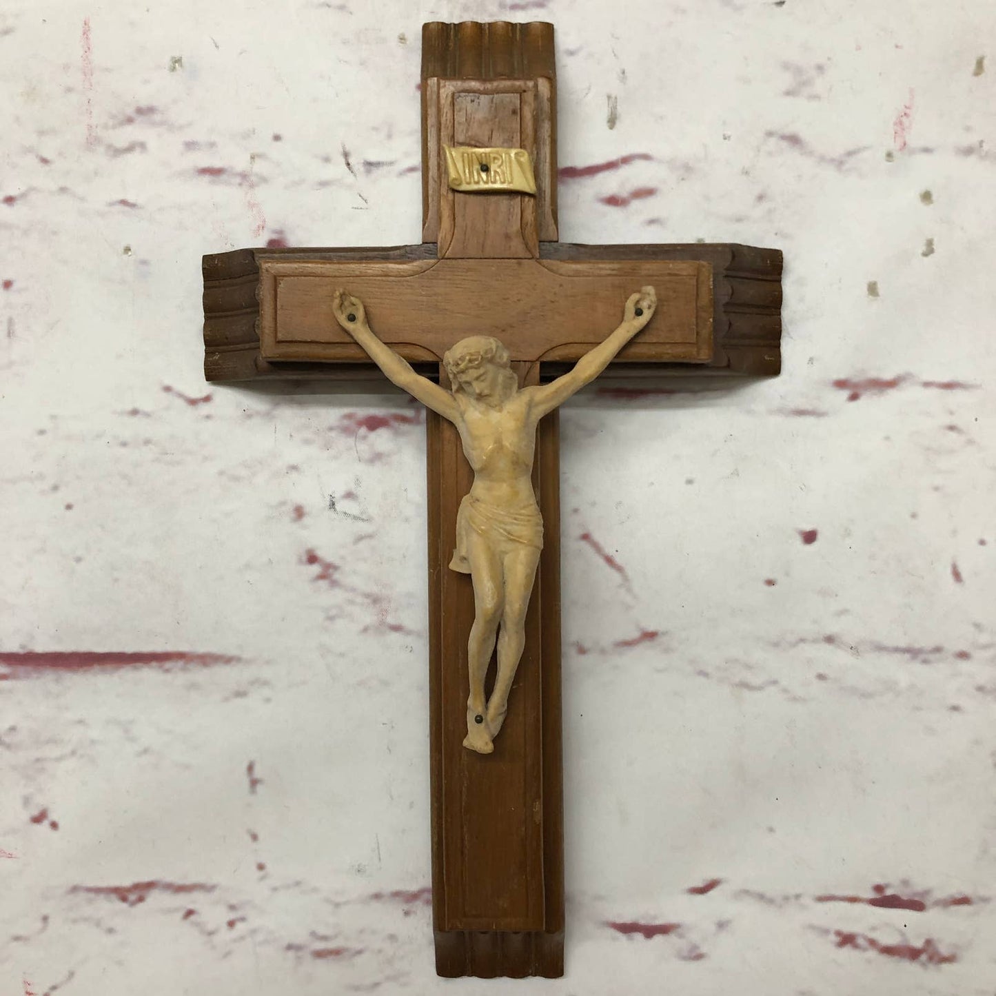 Vintage Last Rites Crucifix Solid Wood Cross with Resin Jesus 13"x8"x2" TG4