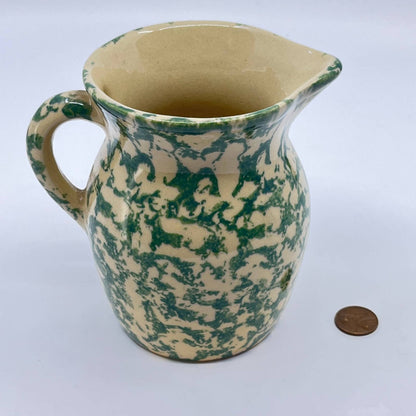 Robinson Ransbottom Green Spongeware Creamer Pitcher RRP Roseville 1 Pt 4.5” TE8