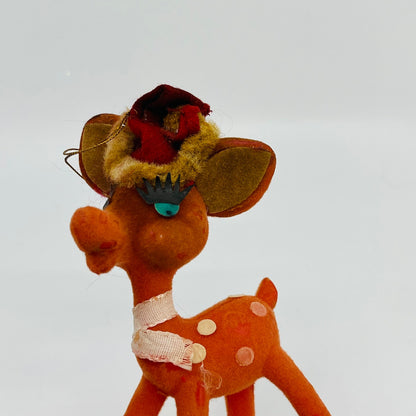 Vintage Celluloid Felt Flocked Santa Deer Christmas Tree Ornament 4" Set 2 TH9-1