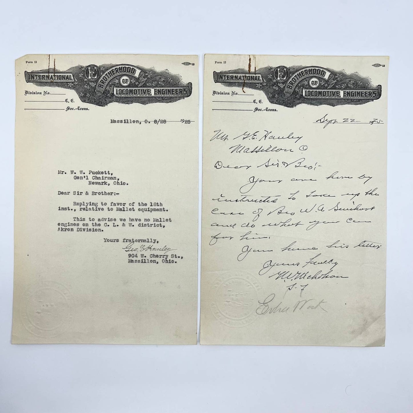 1925 International Brotherhood of Locomotive Engineer Letterhead Lot of 2 AB2-2