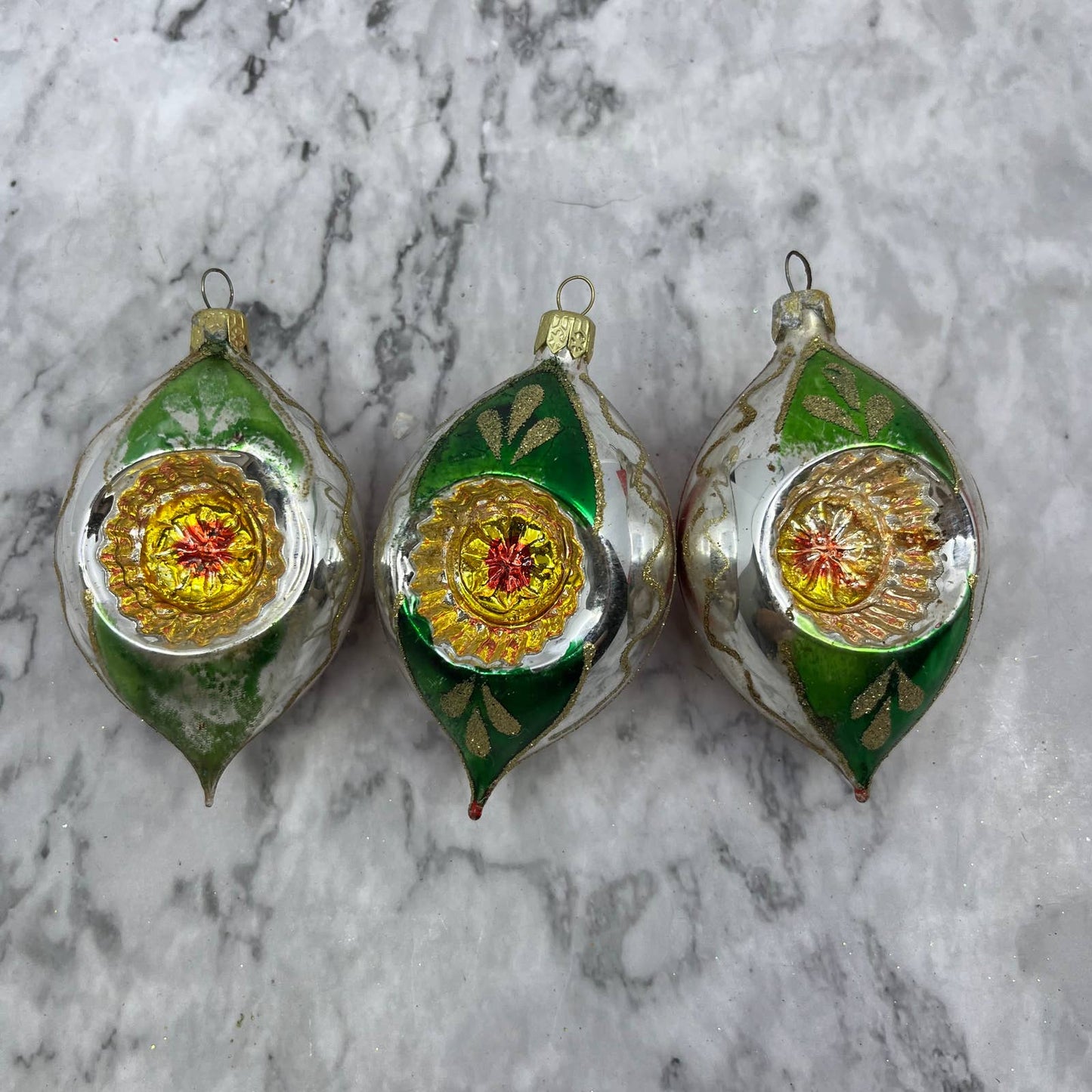 Lot of 3 Vtg Recessed Teardrop Mica Stencil Blown Mercury Glass Ornaments OT2
