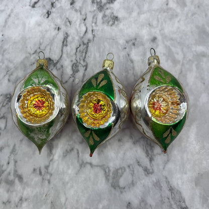 Lot of 3 Vtg Recessed Teardrop Mica Stencil Blown Mercury Glass Ornaments OT2