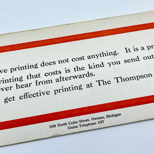 1910s Blotter Card Orange Stripes The Thompson Press Printing Owosso MI SC9