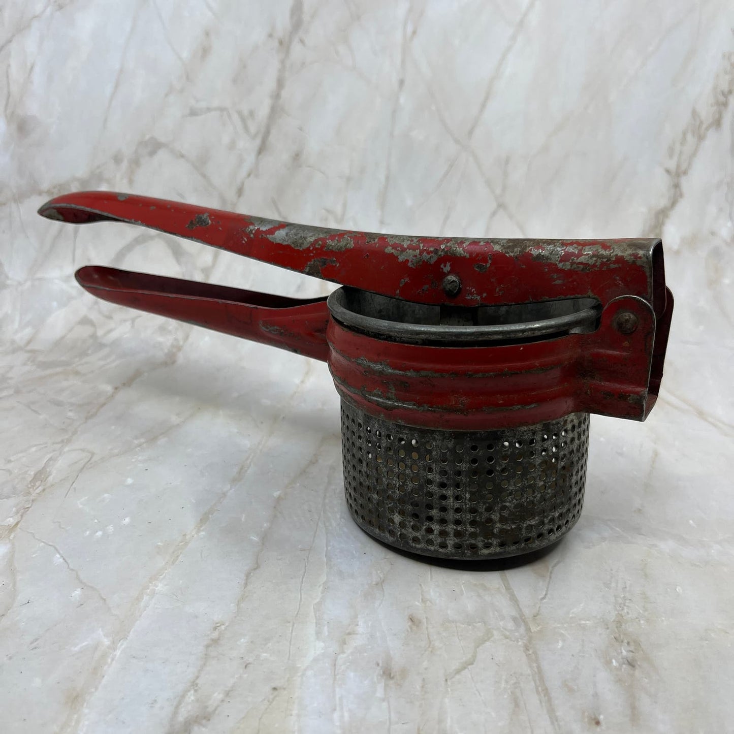 Vintage Kitchen - Red Enamel Potato Rice Ricer Masher - 1950's TC9