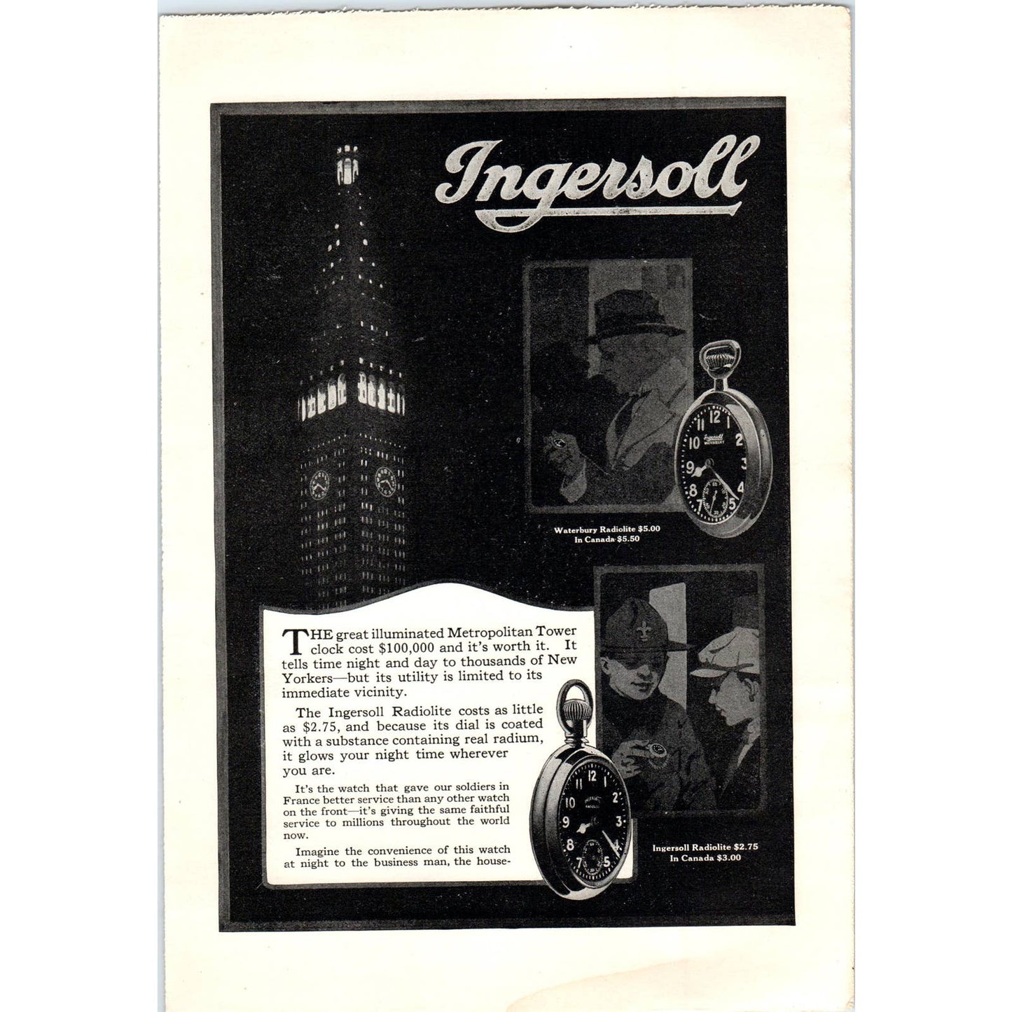 c1920 Harper's Magazine Ad - Ingersoll Radiolite Pocket Watches EA3