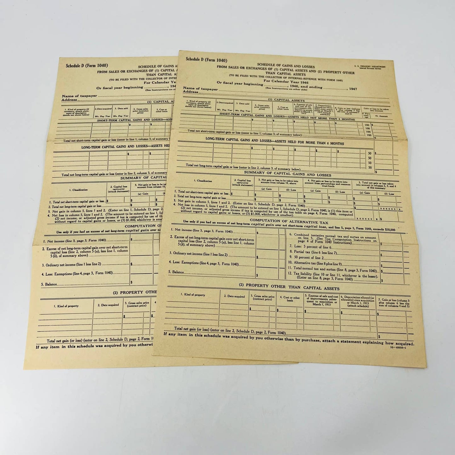 1946 Schedule D Form 1040 Blank Income Tax Form Set of 2 C11