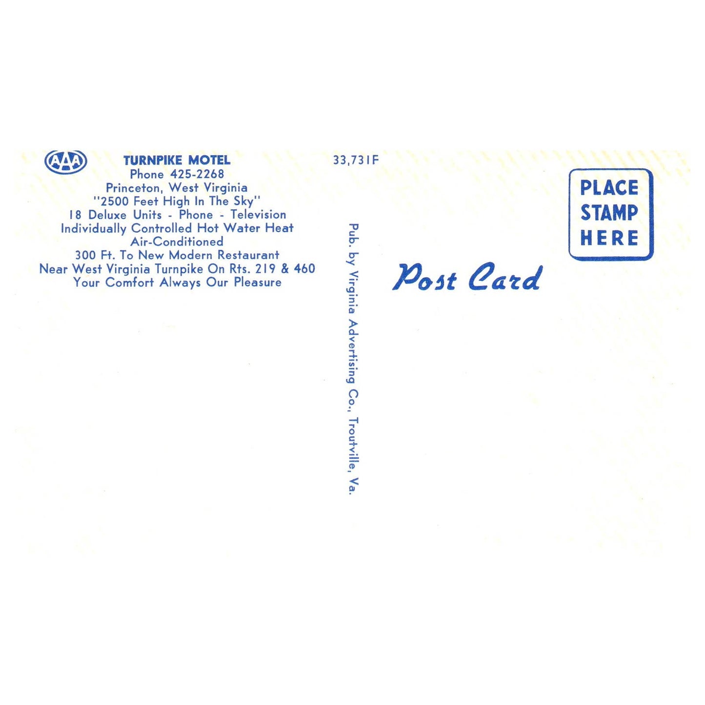 Vintage Postcard - Turnpike Motel Princeton West Virginia AD9