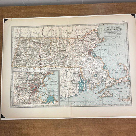 Antique 1897 The Century Atlas Map of Massachusetts USA Color Engraved 12.5 x 17 FL5