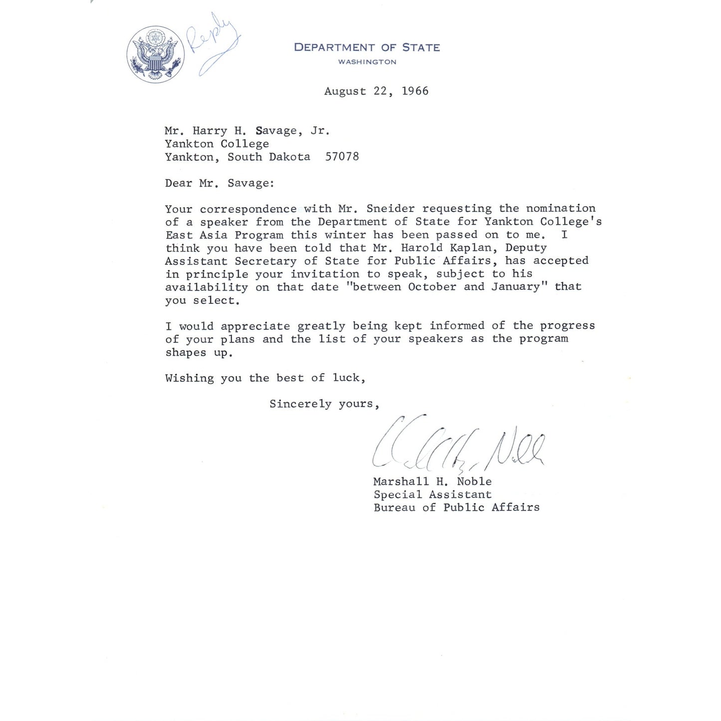 Official US Department of State Letterhead Memo Marshall H. Noble 9/22/66 B13