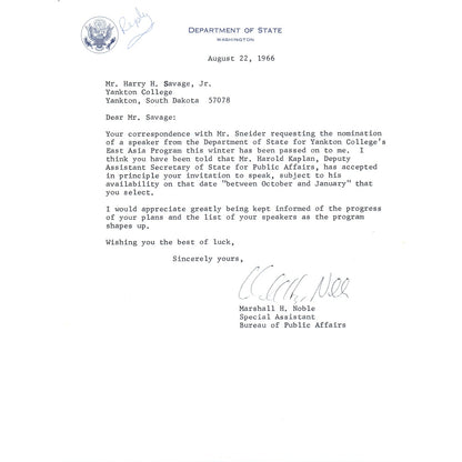 Official US Department of State Letterhead Memo Marshall H. Noble 9/22/66 B13