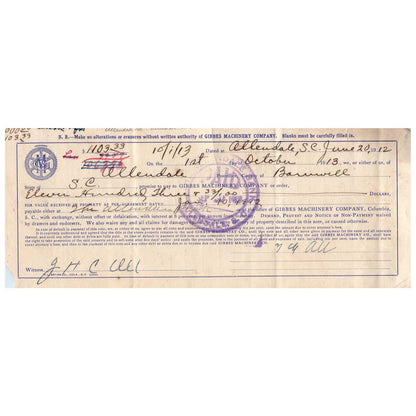 1912 Gibbs Machinery Company Billhead Receipt Allendale SC SE4