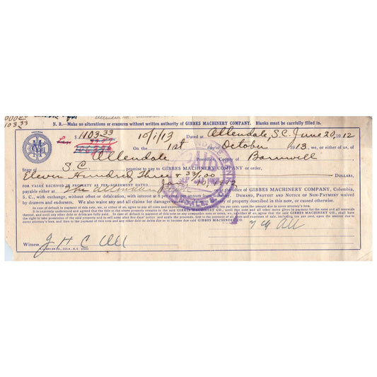 1912 Gibbs Machinery Company Billhead Receipt Allendale SC SE4