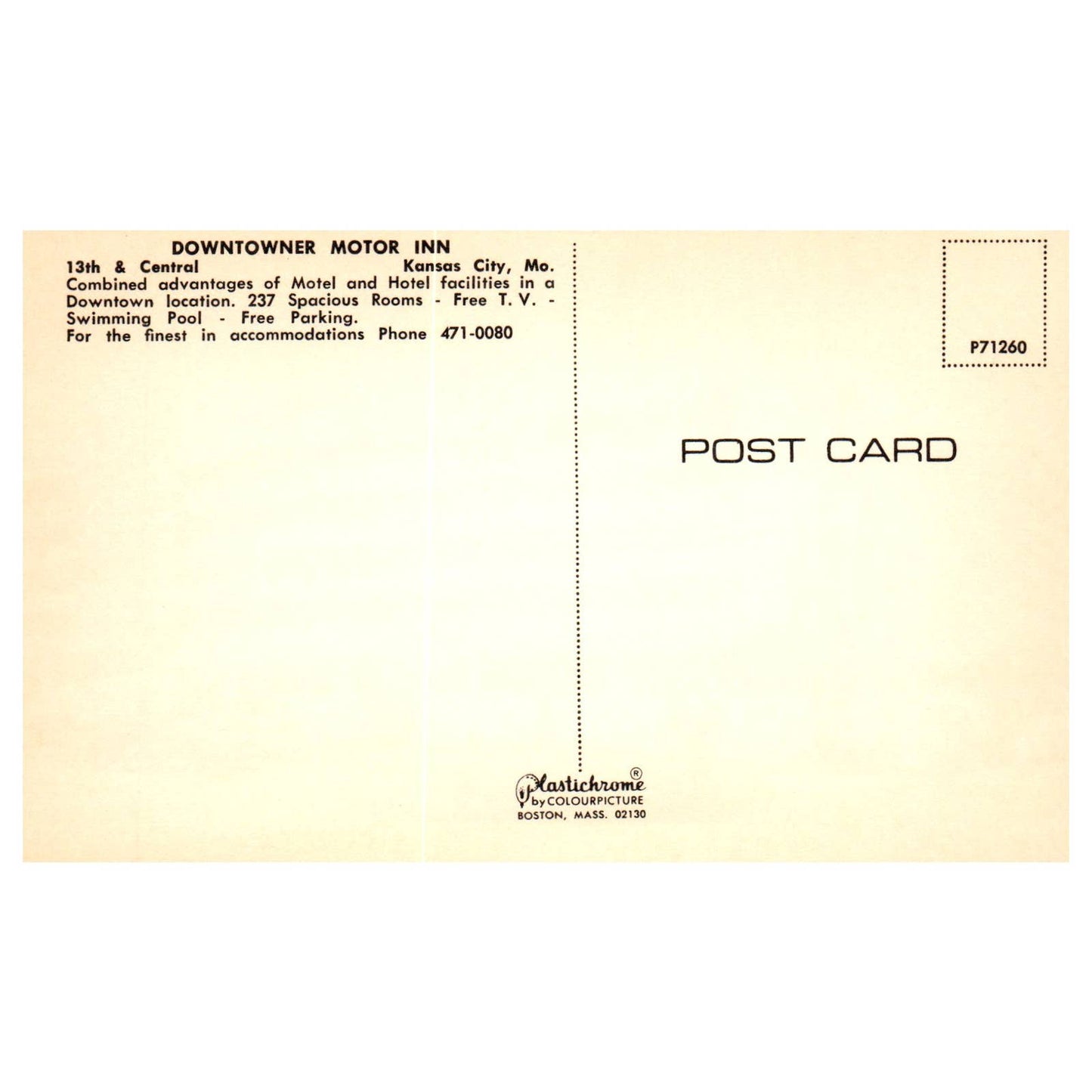 Vintage Postcard - Downtowner Motor Inn Kansas City Missouri AD9