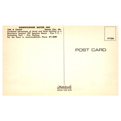 Vintage Postcard - Downtowner Motor Inn Kansas City Missouri AD9