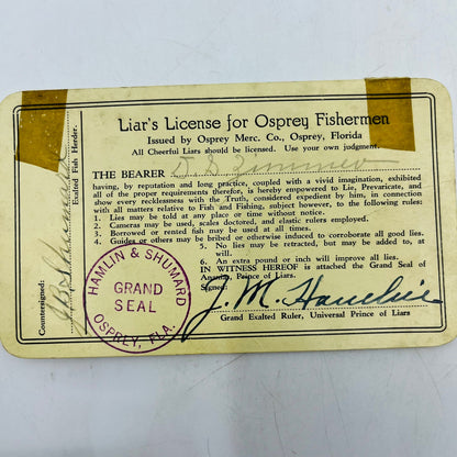 Vintage Liars License for Osprey Fishermen Humorous Fishing Joke Card P9-14