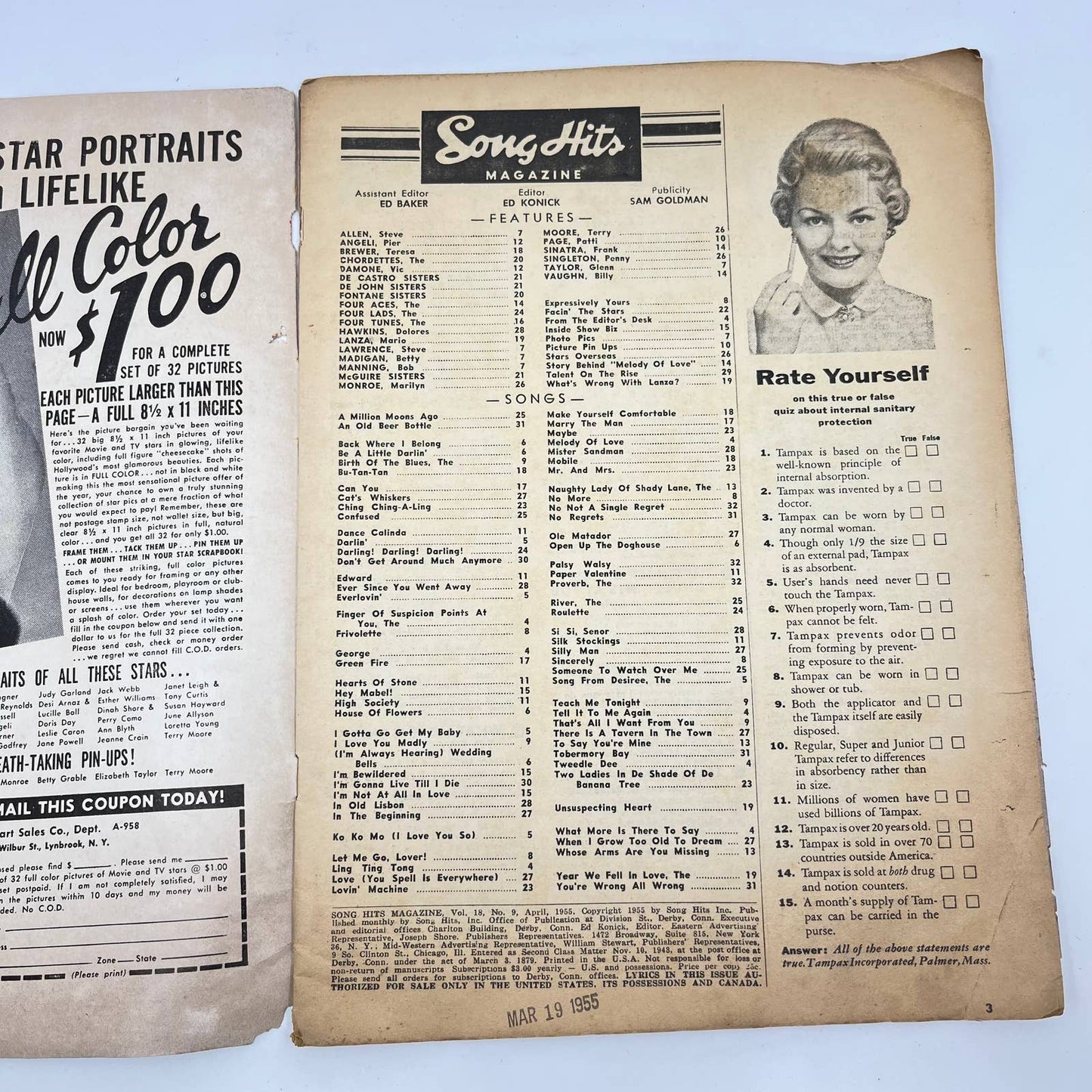 APRIL 1955 SONG HITS music magazine DINAH SHORE TF3