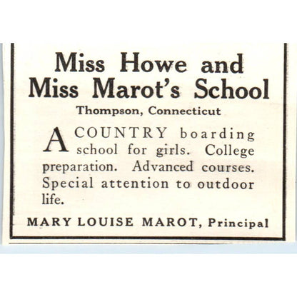 c1920 Harper's Magazine Ad - Miss Howe & Marot's School Thompson CT EA3-1