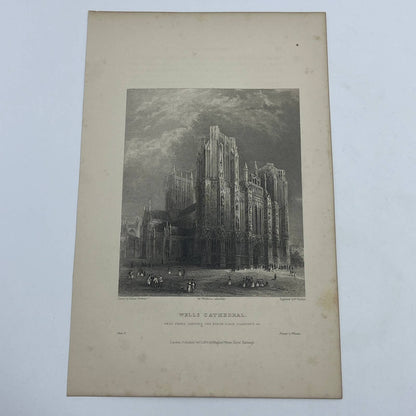 1836 Original Art Engraving Wells Cathedral West Front North Porch Transept AC6
