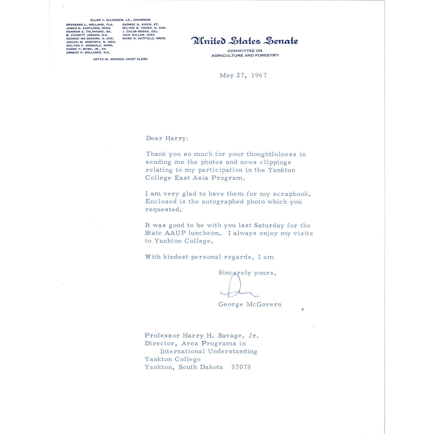 George McGovern Signed Letter on United States Senate Stationery 1967 B11
