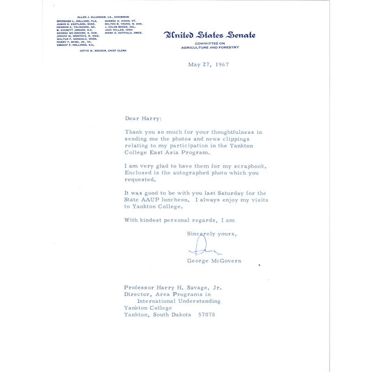 George McGovern Signed Letter on United States Senate Stationery 1967 B11