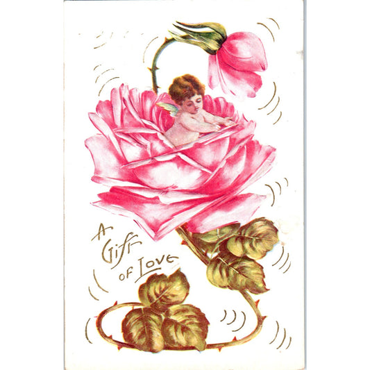 Fairy Angel Face in Flower Pink Rose Embossed c1910 Original Postcard P1-12