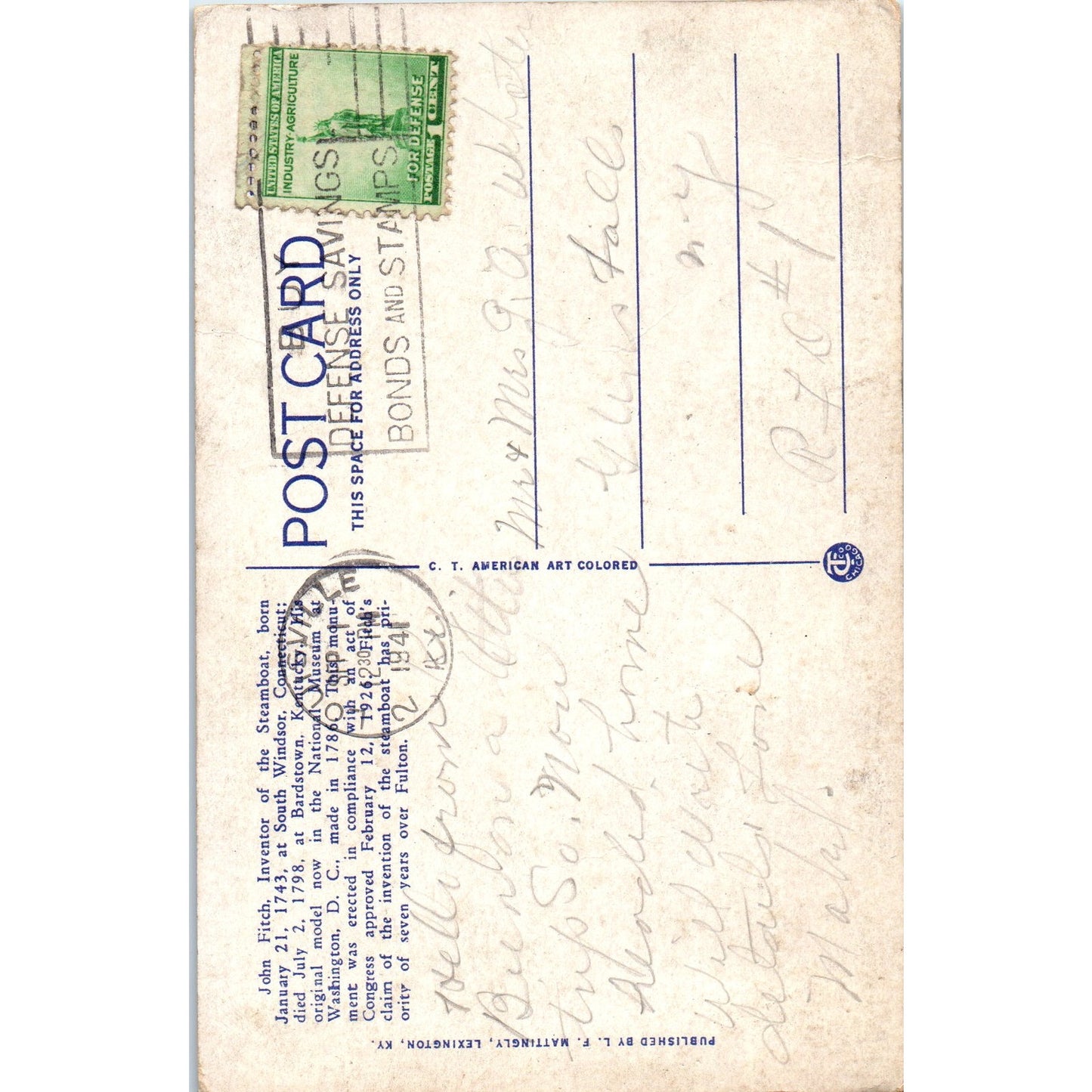 John Fitz Memorial Bardstown Kentucky 1941 Original Postcard P3-3