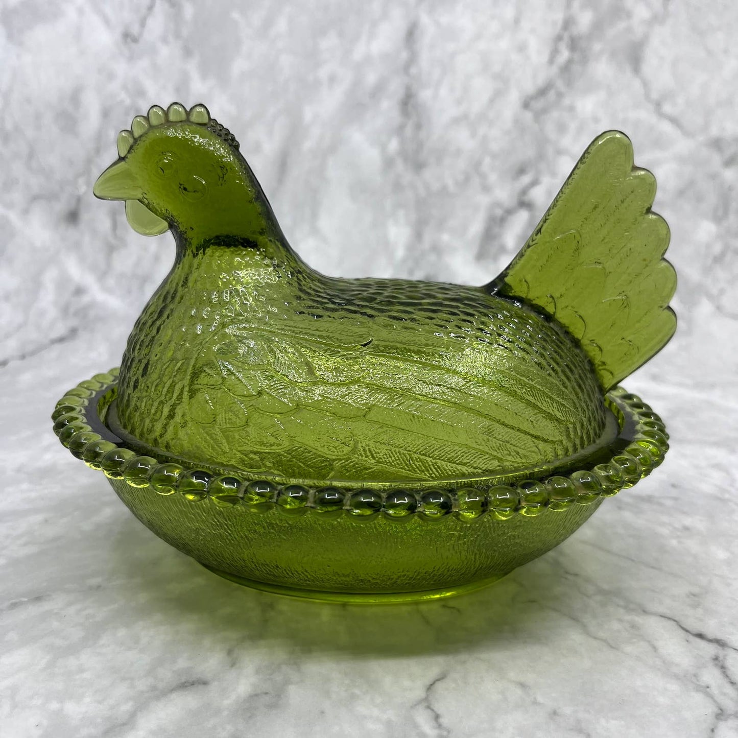 Vintage Nesting Hen Green Avocado Indiana Glass Hen on Nest Candy Dish ~7x5" TI6