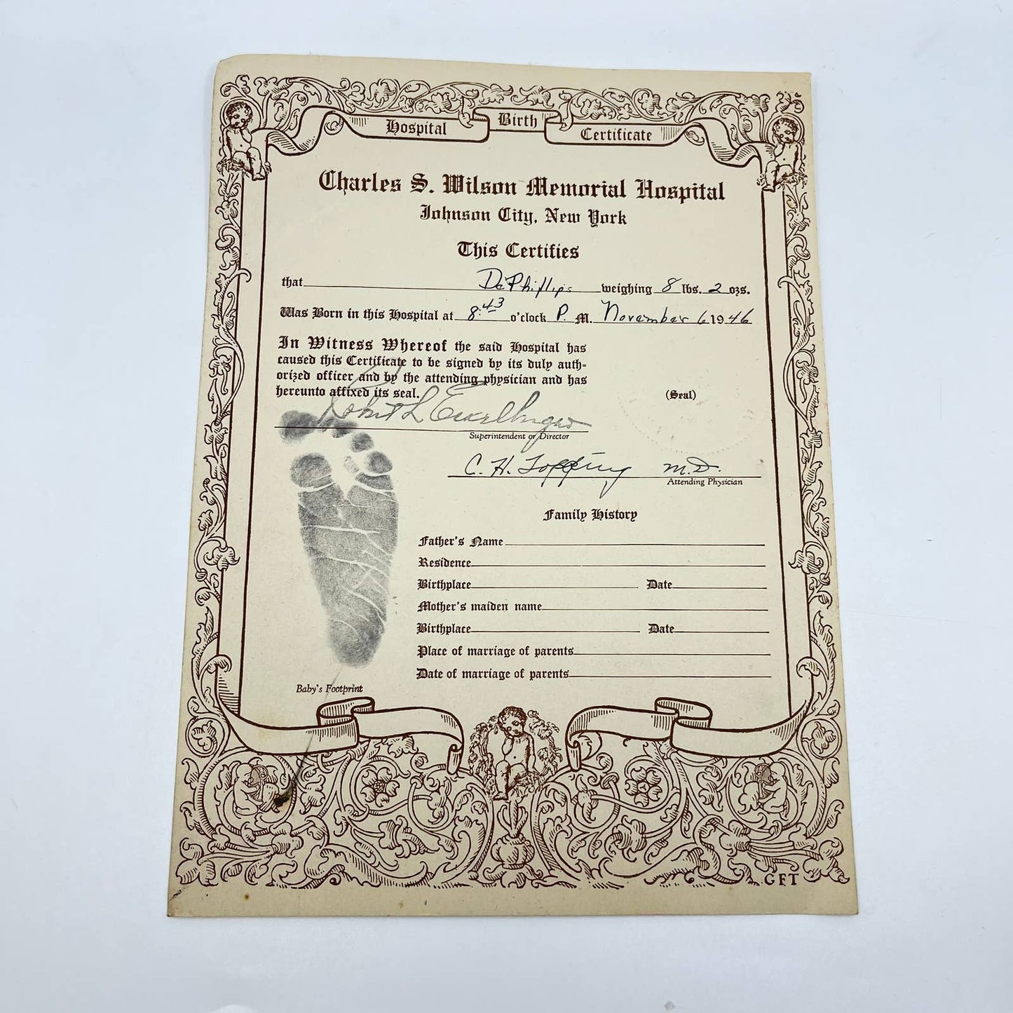 1946 Birth Certificate Charles S. Wilson Memorial Hospital Johnson City NY D7