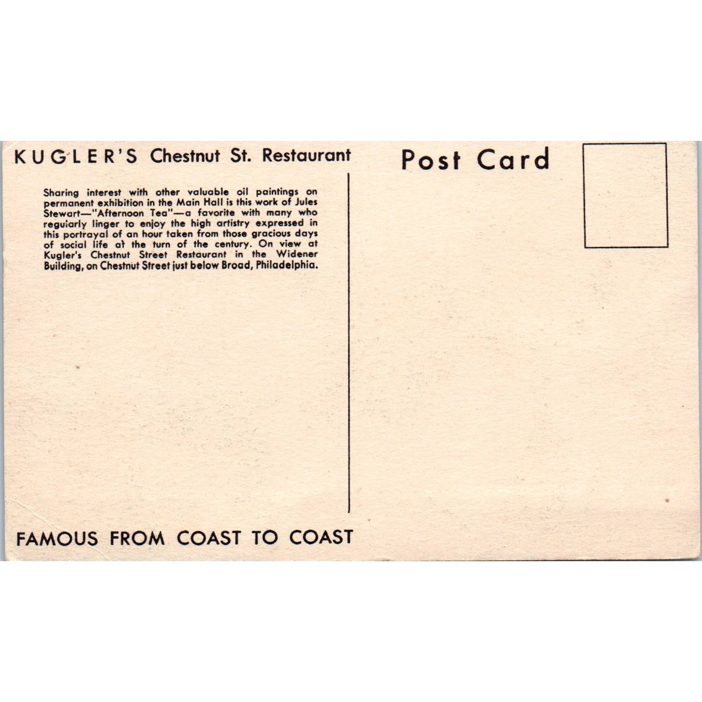 Vintage Postcard Kugler's Chestnut Street Restaurant Interior Philadelphia TI1-1