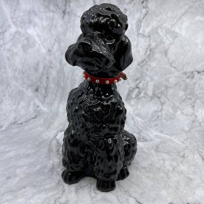 Vintage MCM Large Porcelain Black Poodle Dog Figurine Glossy Black 10.5" TJ1