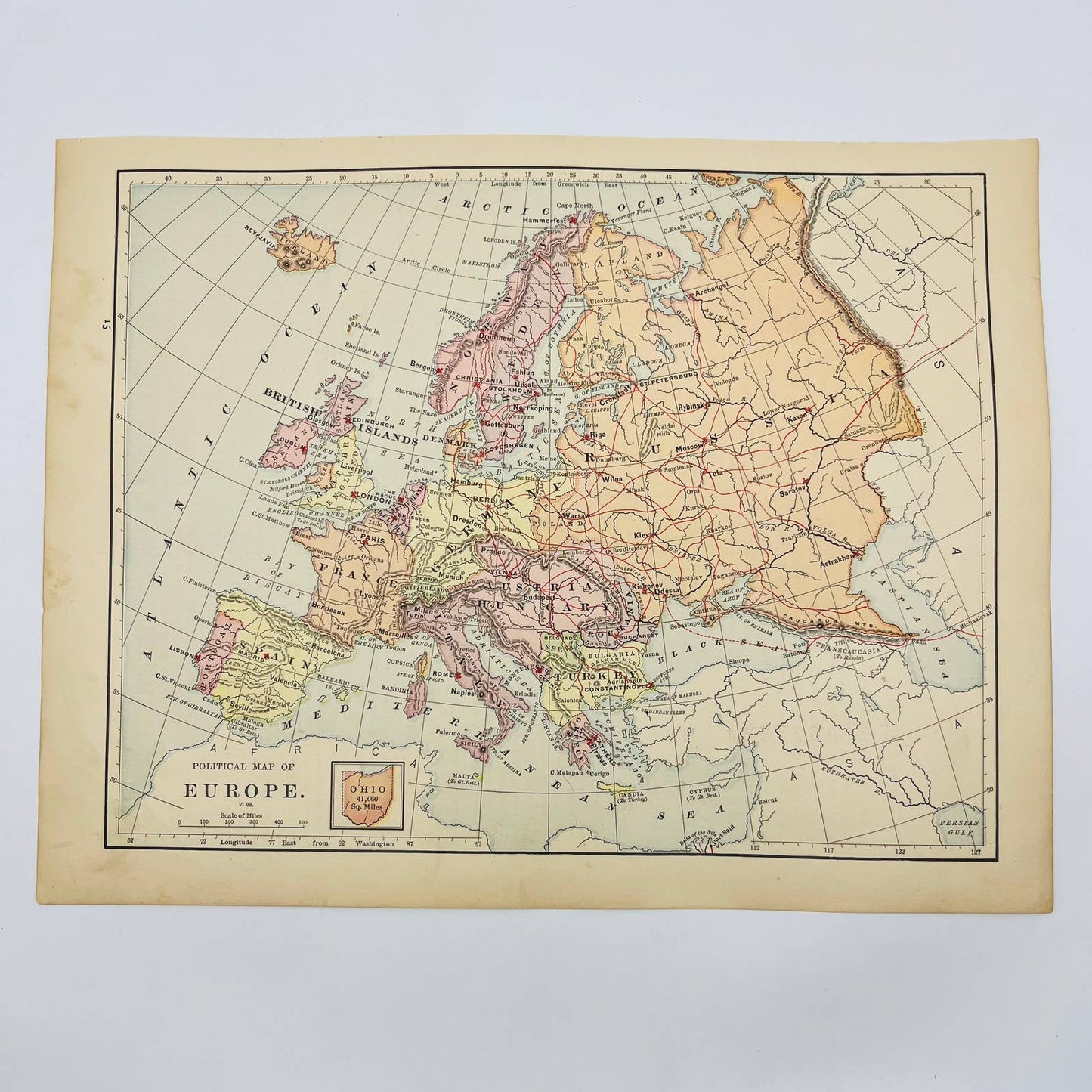 1896 Harper’s School Geography Political Map of EUROPE Color Engraved 9x12” FL1