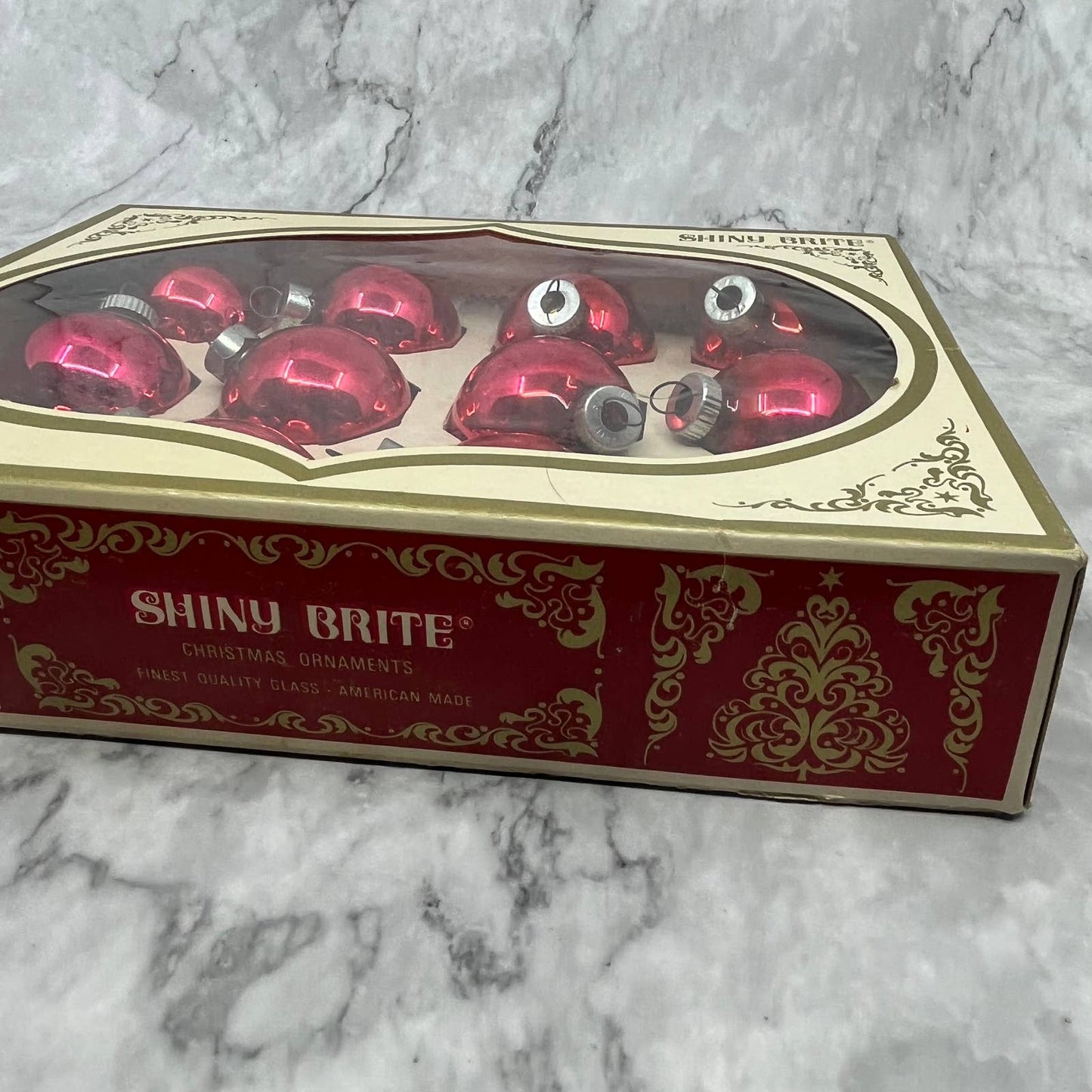 Shiny Brite 12 Vintage 1 3/4" Mercury Glass Ornaments Original Box Red/Pink TJ9