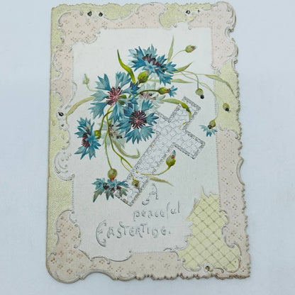 1910s Easter Card Die Cut Ornate  Embossed Silver Cross Cornflowers PA5