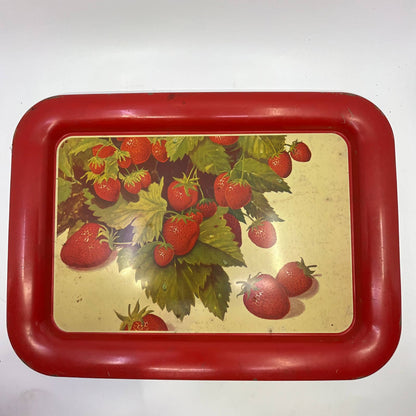 1940s Toleware Tin Enamel Strawberry Dinner Tray Set OF 4 - 17.5 x 13 TH2-3