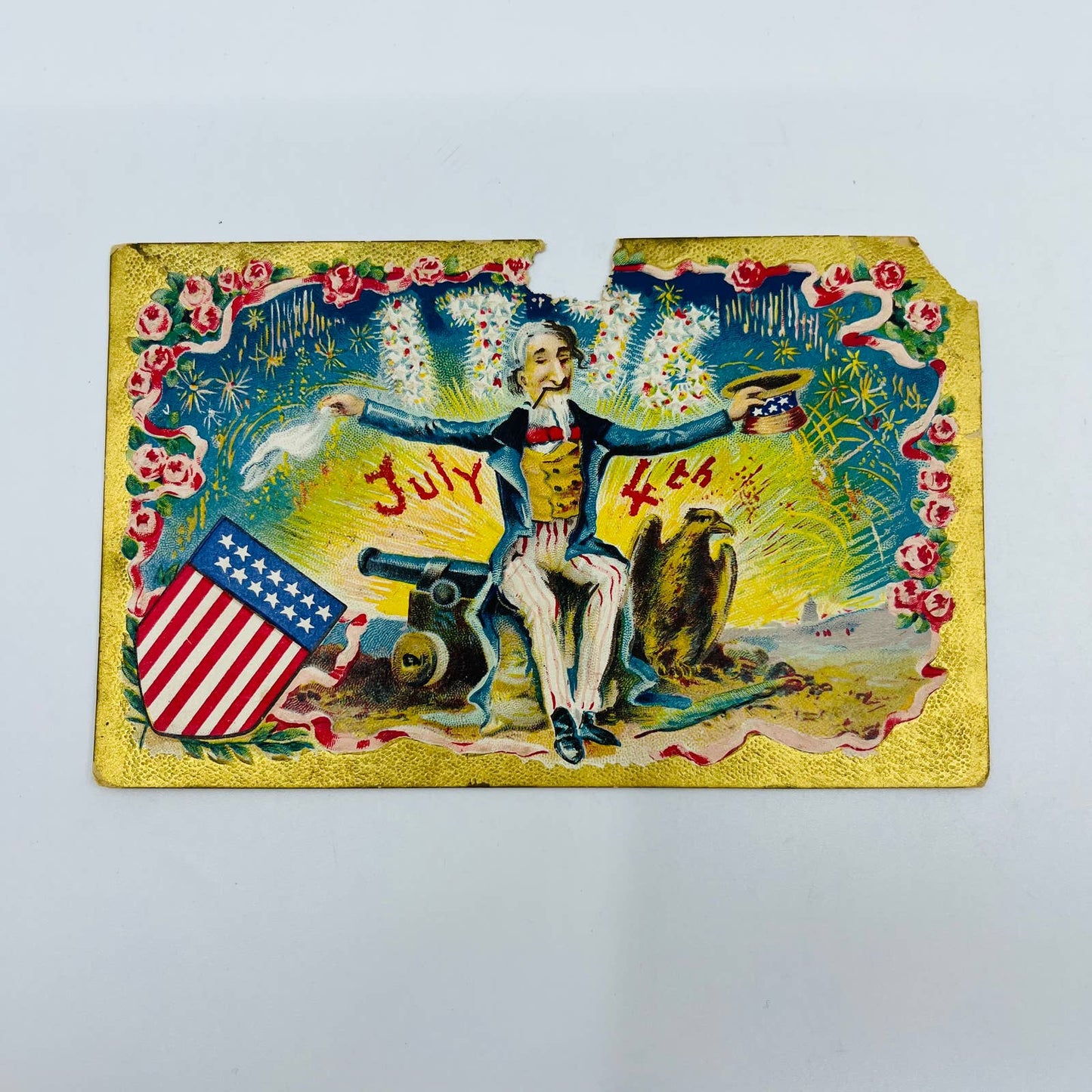 1910s July 4th Post Card Uncle Sam Smoking Cigarette on Cannon w/ Eagle PA3