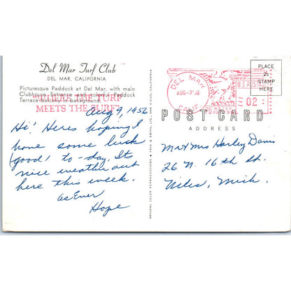 Del Mar Turf Club Horse Racing 1956 Original Postcard TK1-23