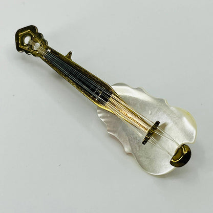 1930s Mother of Pearl Violin Pin Gold Tone Brooch SB2