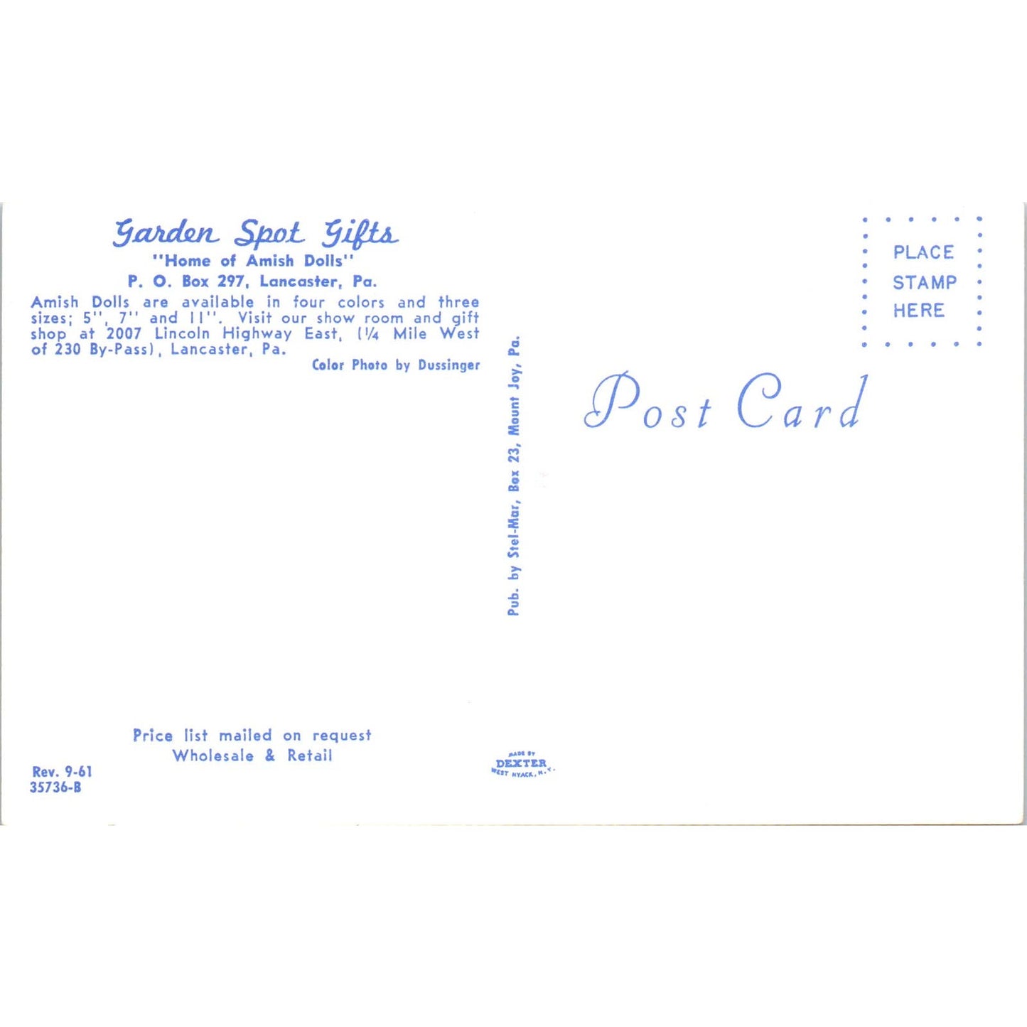 Authentic Amish Dolls Garden Spot Gifts Lancaster PA Original Postcard PB10