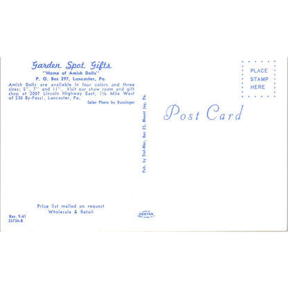Authentic Amish Dolls Garden Spot Gifts Lancaster PA Original Postcard PB10