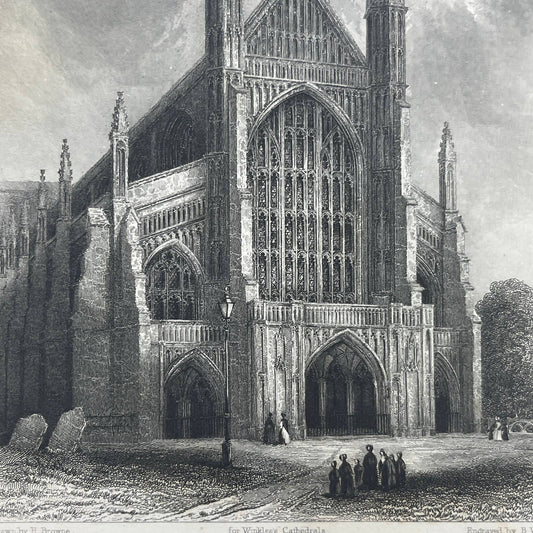 1836 Original Art Engraving Winchester Cathedral View of the West Front AC6