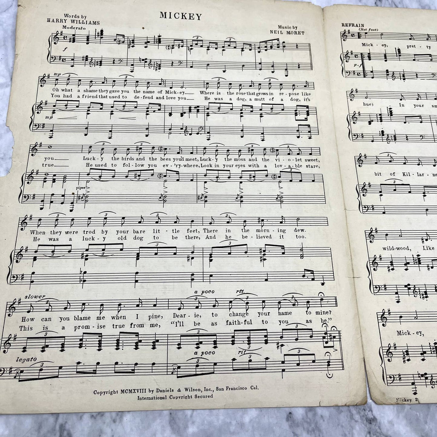 Mickey - Harry Williams Neil Moret 1918 Sheet Music TK2-SM2