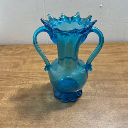 One of a Kind Vintage Hand Blown Art Glass Vase Blue 7” TA1