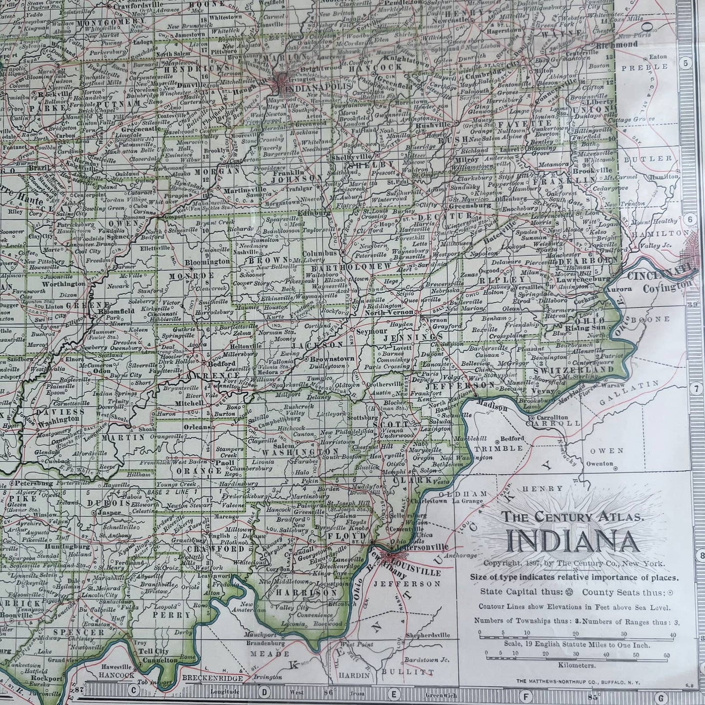 Antique 1897 The Century Atlas Map of Indiana USA Color Engraved 12.5 x 17” FL5