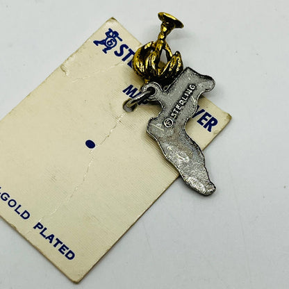 VTG Sterling Silver Florida Map Motif Gold Plated Palm Tree Charm on Card SB7