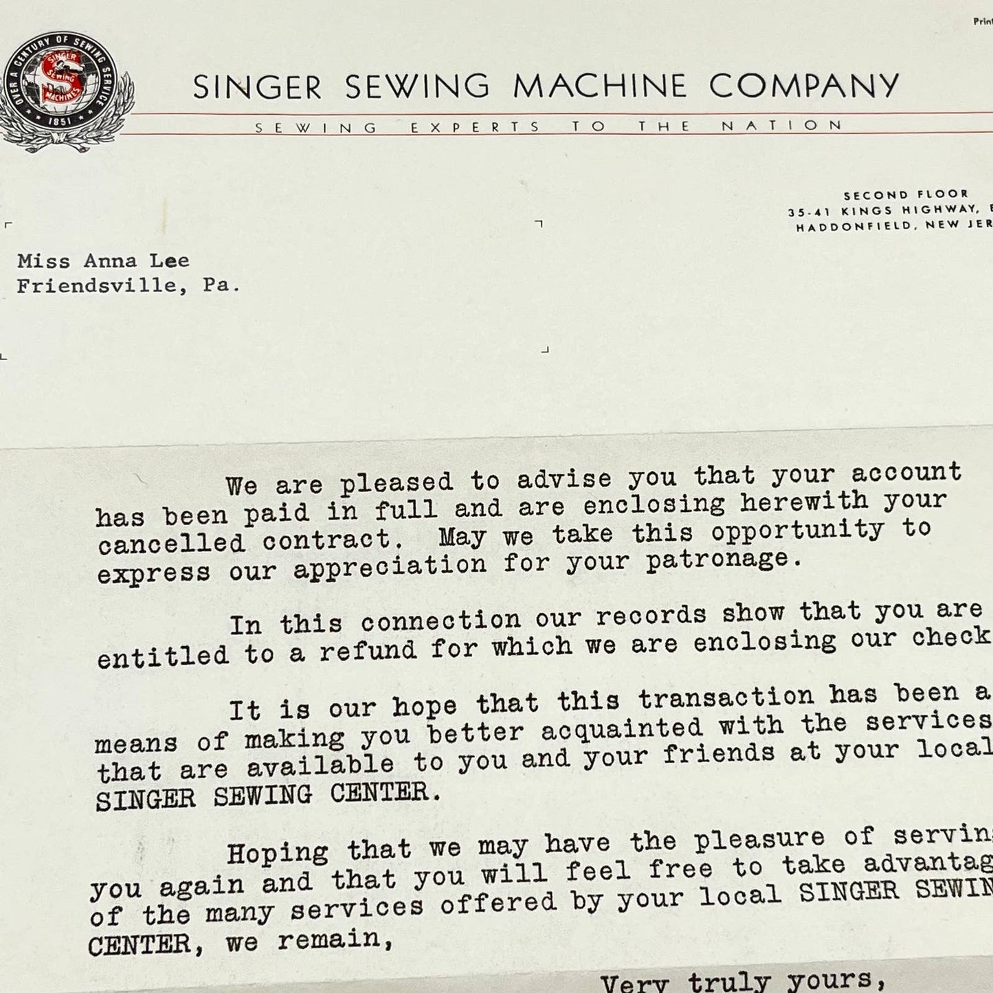 1950s Singer Sewing Machine Company Letterhead with Note SC6