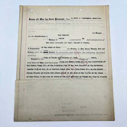 c1910 Nette A. Cunningham Land Deed Document Toledo OH AB2