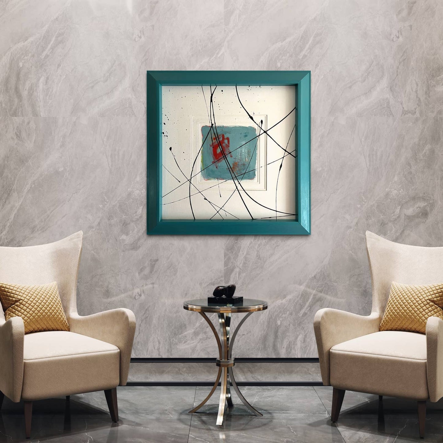 Original Large Framed Abstract Art Painting 29x29" “Beg, Borrow and Teal” w/ COA