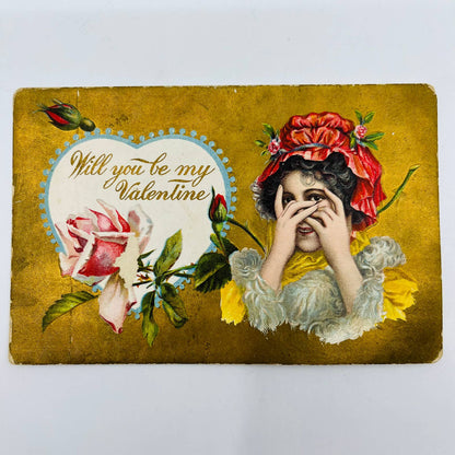 1910s Valentine’s Post Card Bashful Victorian Lady Poem Embossed Dresden PA3